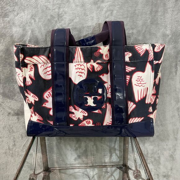 Tory Burch Purse Tote shopper Bag Birds Logo, Canvas & Patten Leather blk/navy - Picture 1 of 15